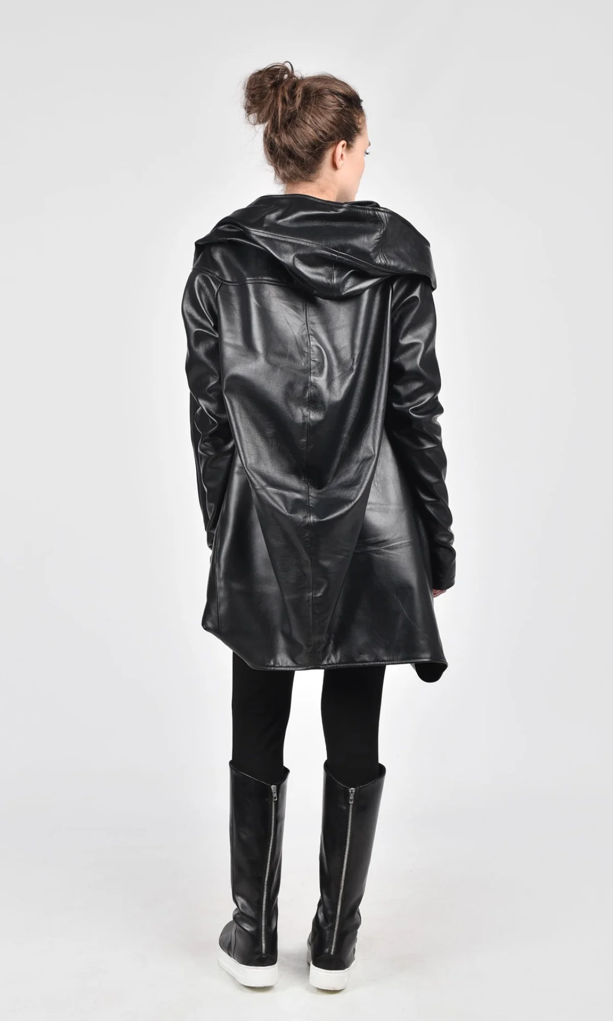 Asymmetric Genuine Leather Hooded Coat - Image 4