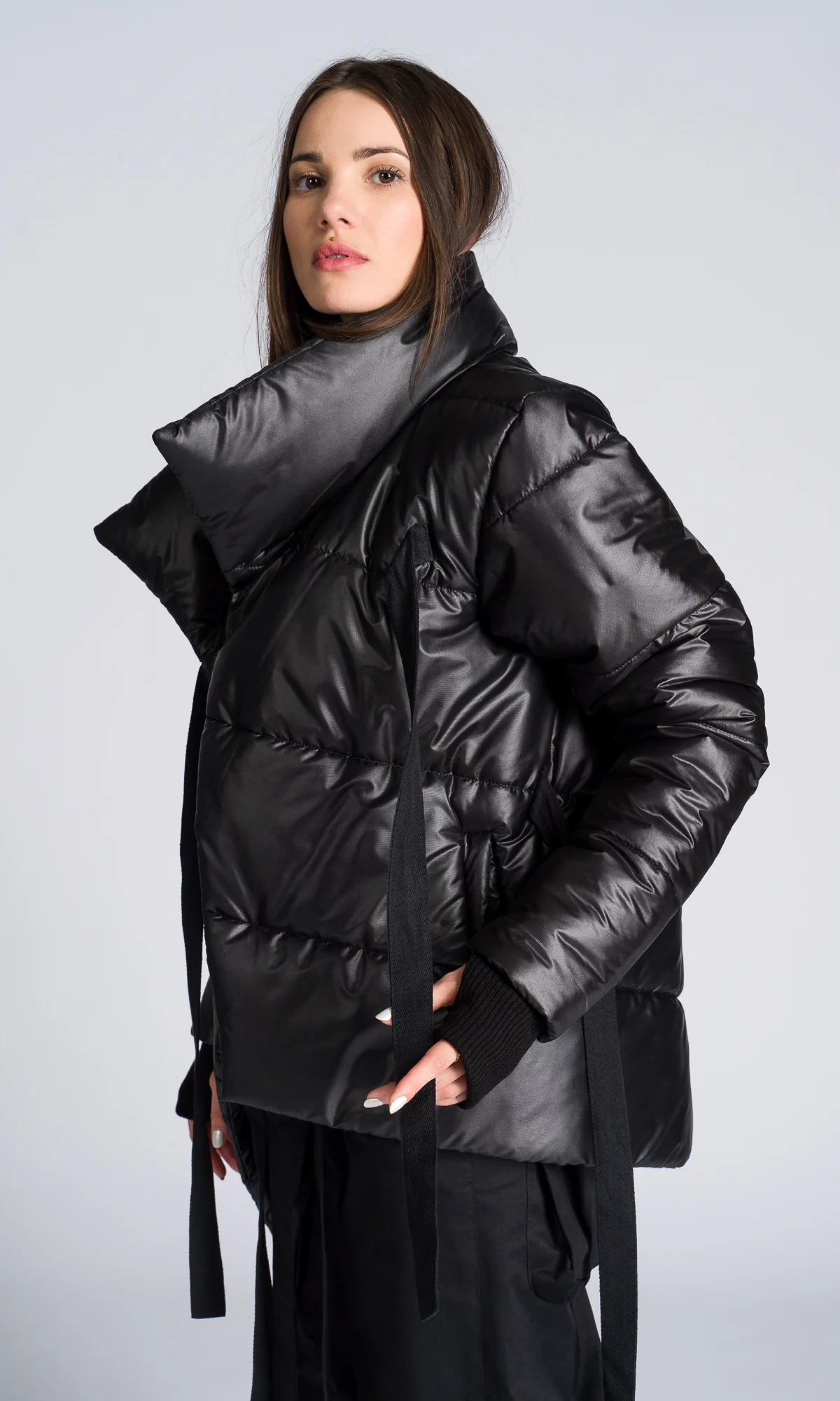 Asymmetric Quilted Jacket with Ribbon Closure - Image 4