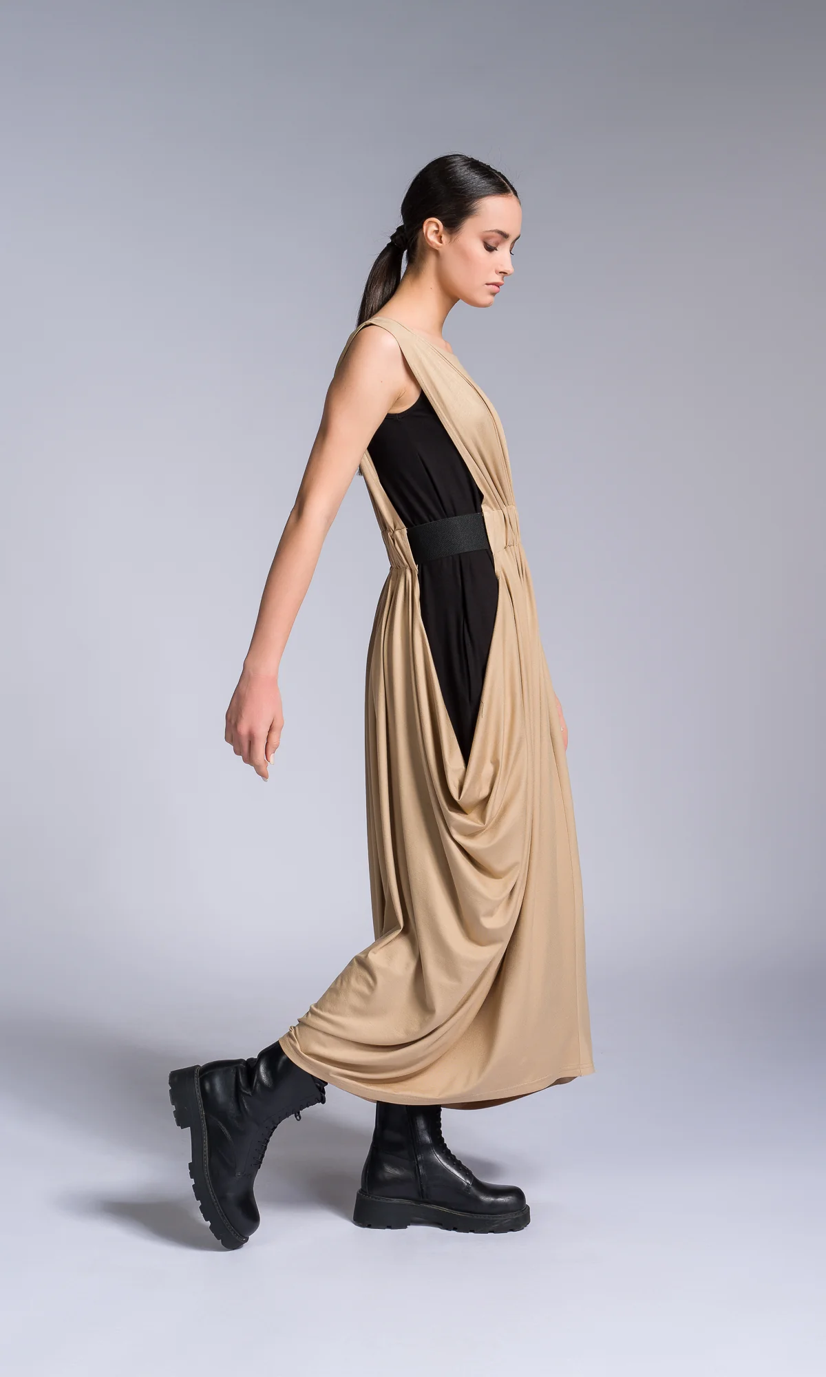 Bicolour Midi Dress with Gathered Waist - Image 2