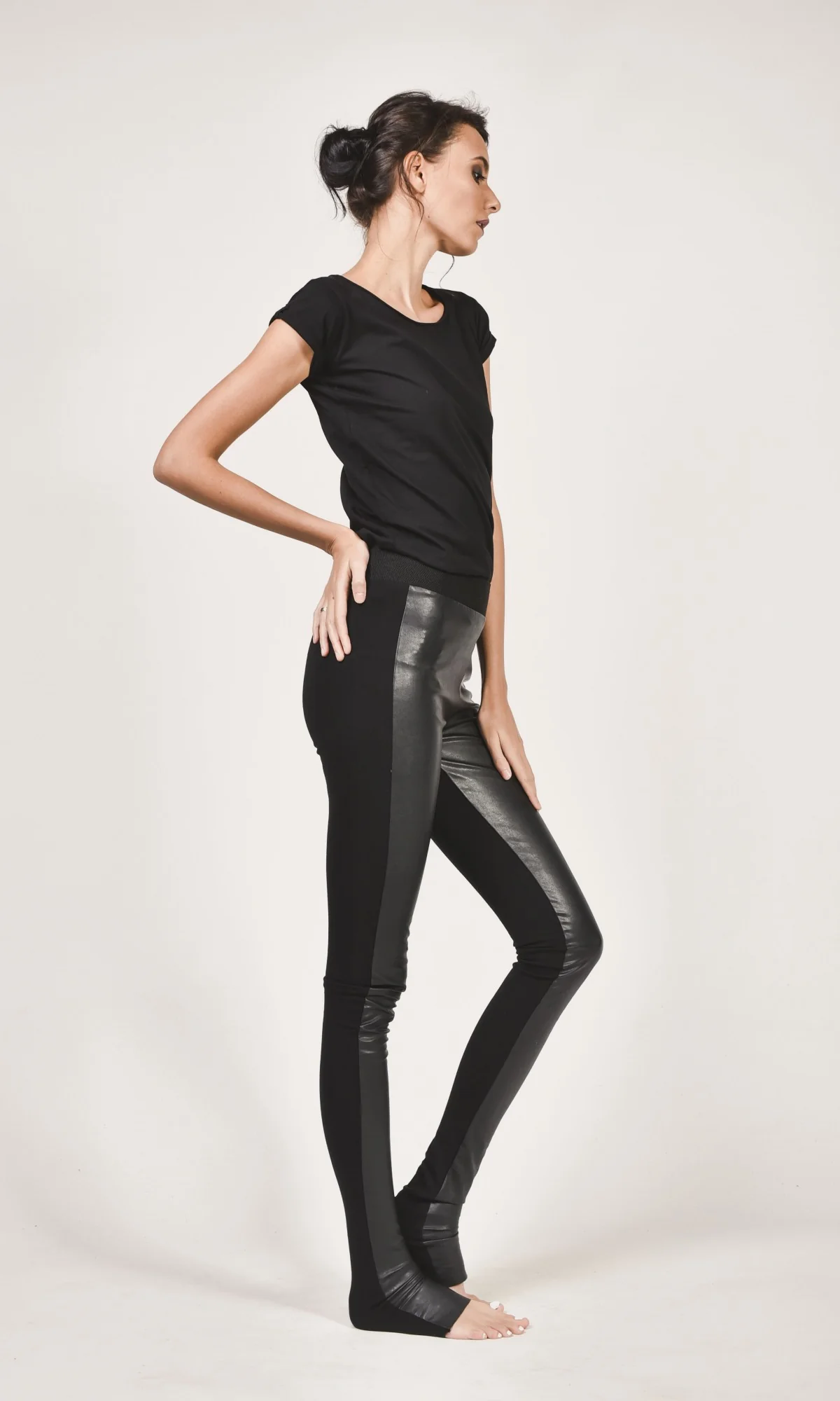 Black Leggings with Vegan Leather Front - Image 2