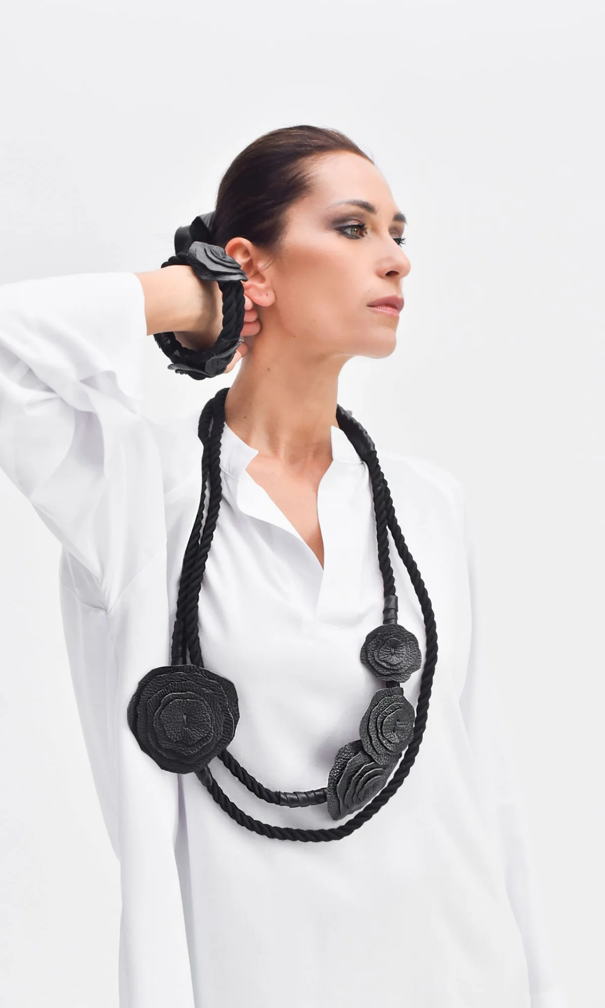 Black Rope and Genuine Leather Roses Necklace - Image 2