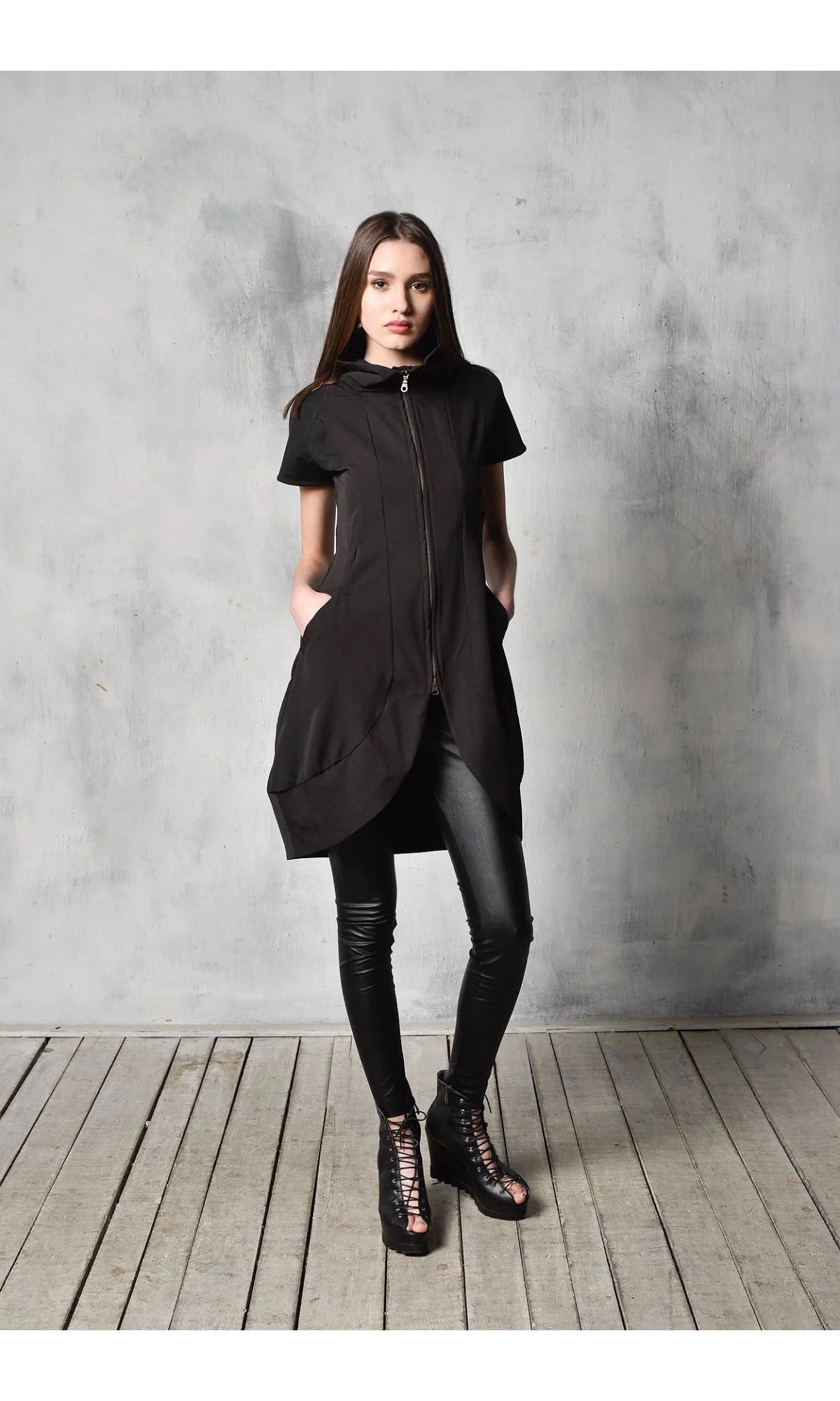 Black Tunic Dress with Front Zipper - Image 4