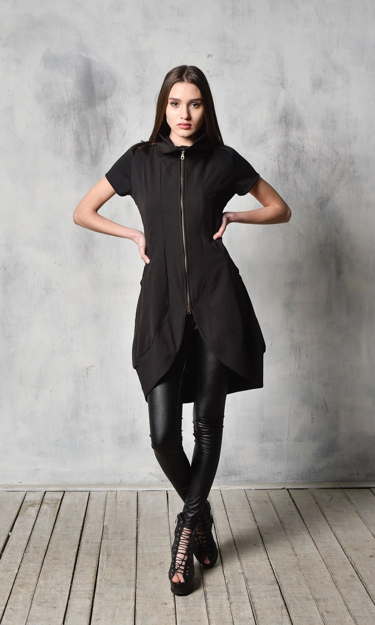 Black Tunic Dress with Front Zipper - Image 5