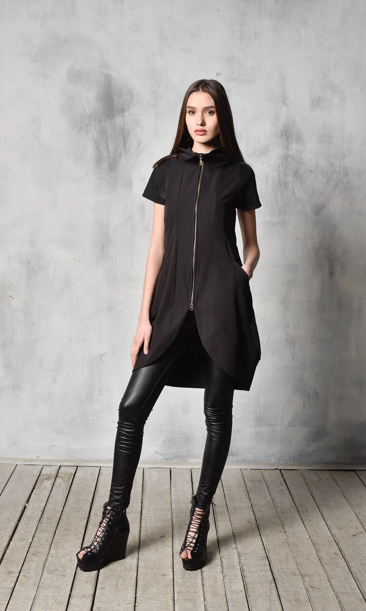 Black Tunic Dress with Front Zipper - Image 6