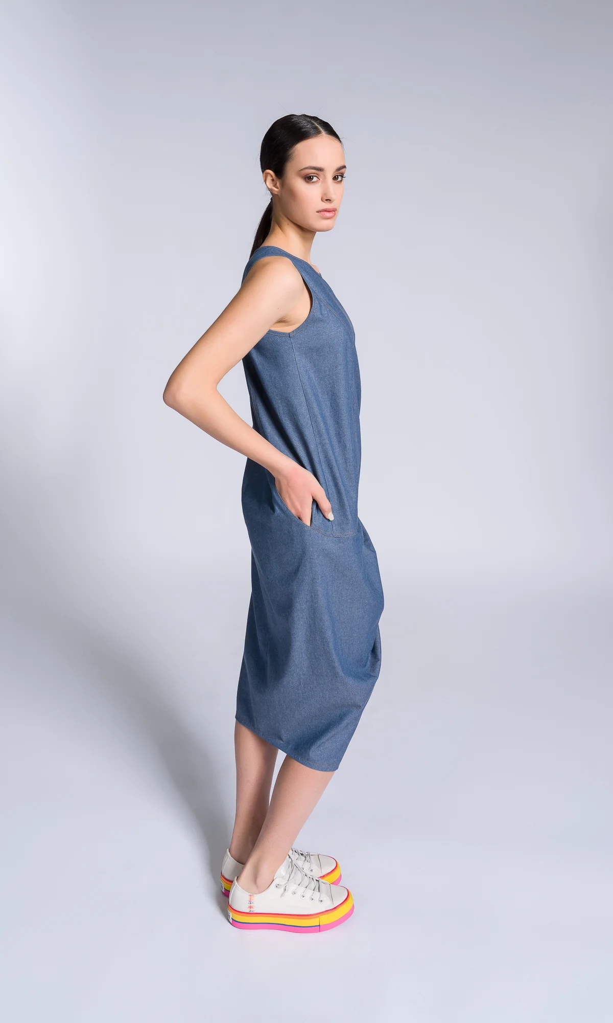 Chambray Dress with Twisted Pleat - Image 6