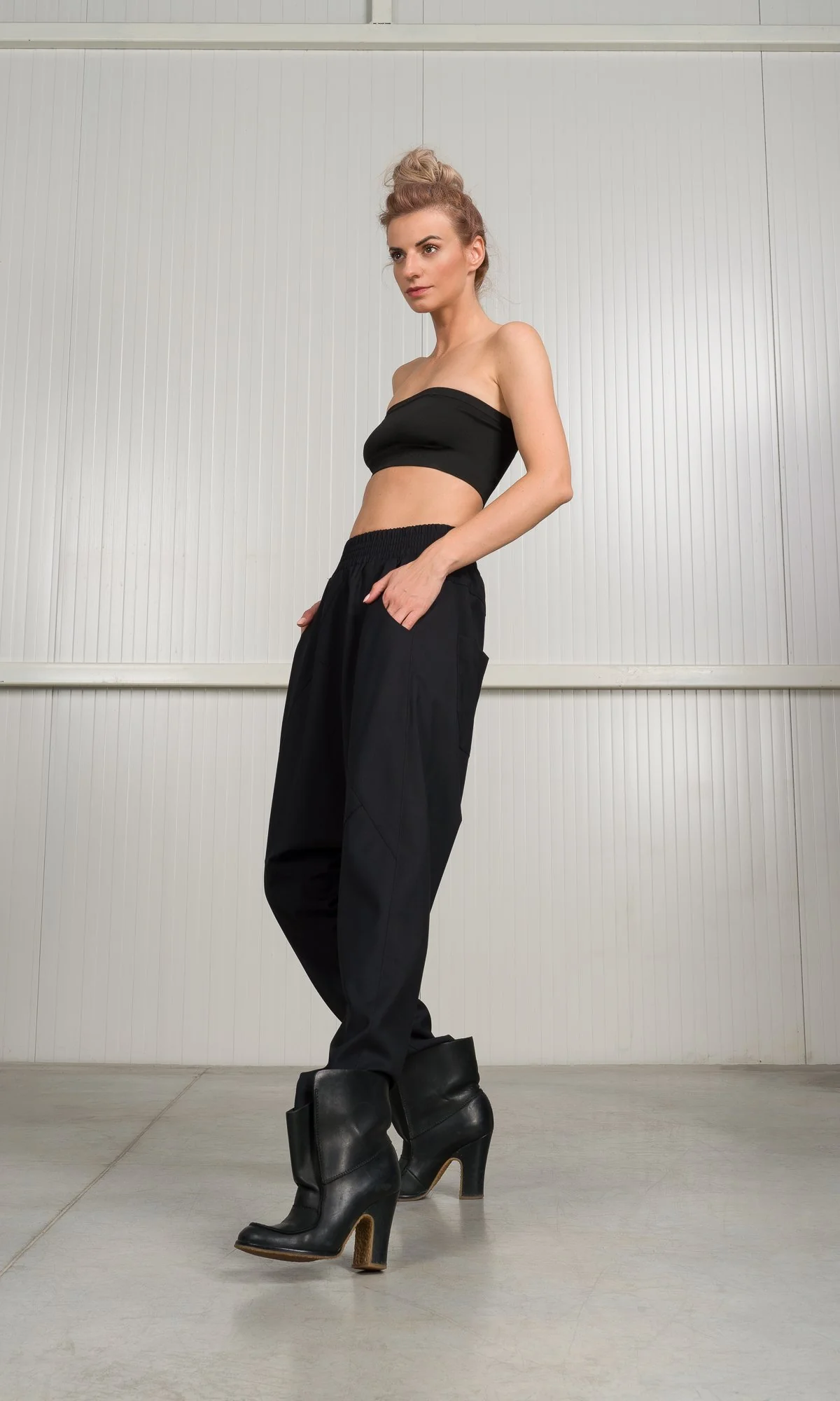 Drop Crotch Wool Pants with Seam Details - Image 4