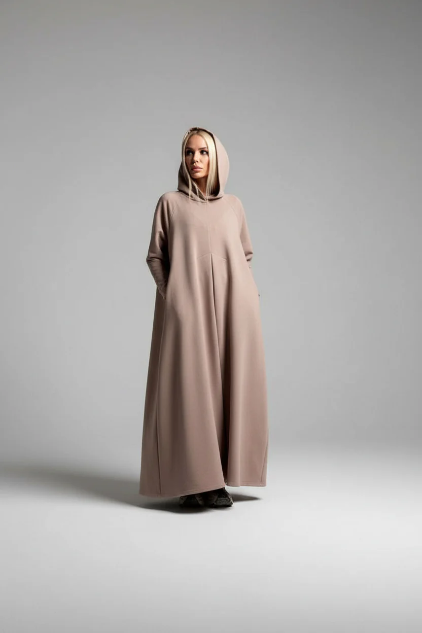 Maxi Hooded Cotton Dress with Plates and Side Pockets - Image 3