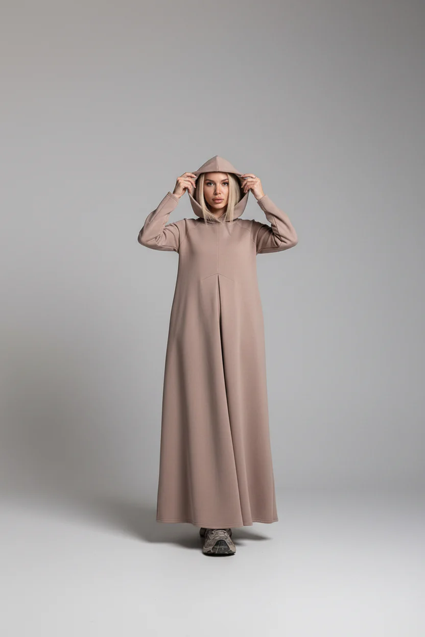 Maxi Hooded Cotton Dress with Plates and Side Pockets - Image 4