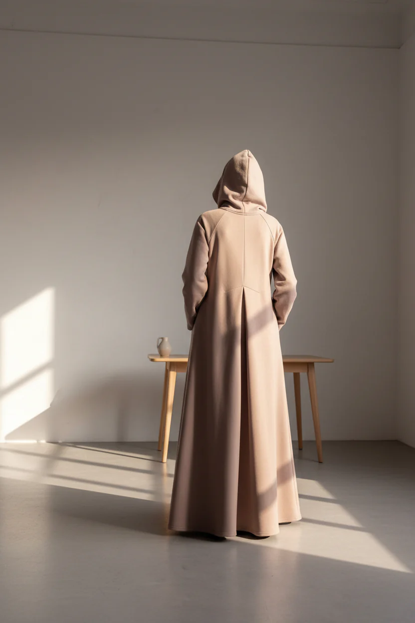 Maxi Hooded Cotton Dress with Plates and Side Pockets - Image 5