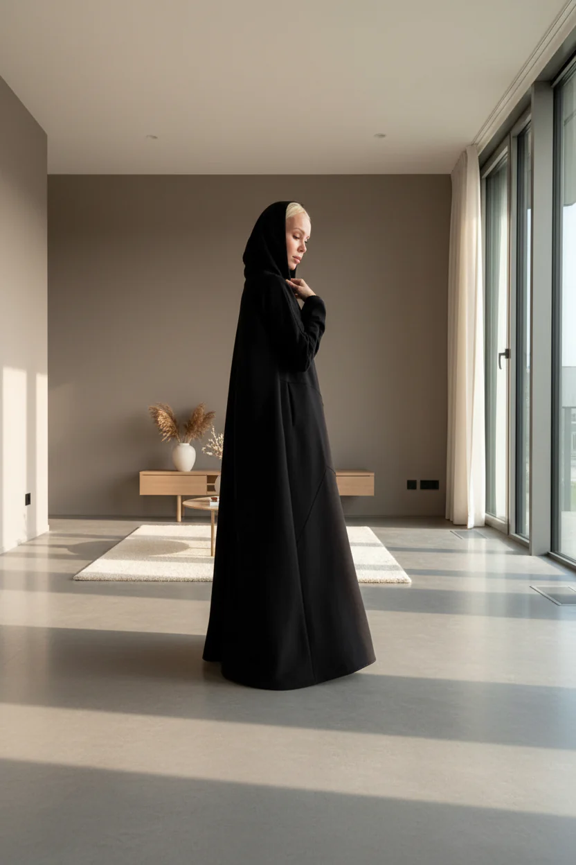 Maxi Hooded Cotton Dress with Plates and Side Pockets - Image 6
