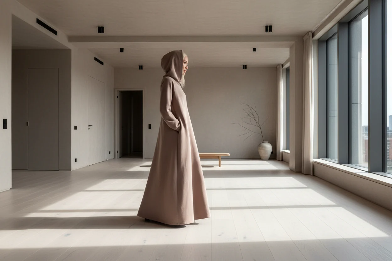 Maxi Hooded Cotton Dress with Plates and Side Pockets - Image 7
