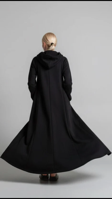 Maxi Hooded Cotton Dress with Plates and Side Pockets - Image 8