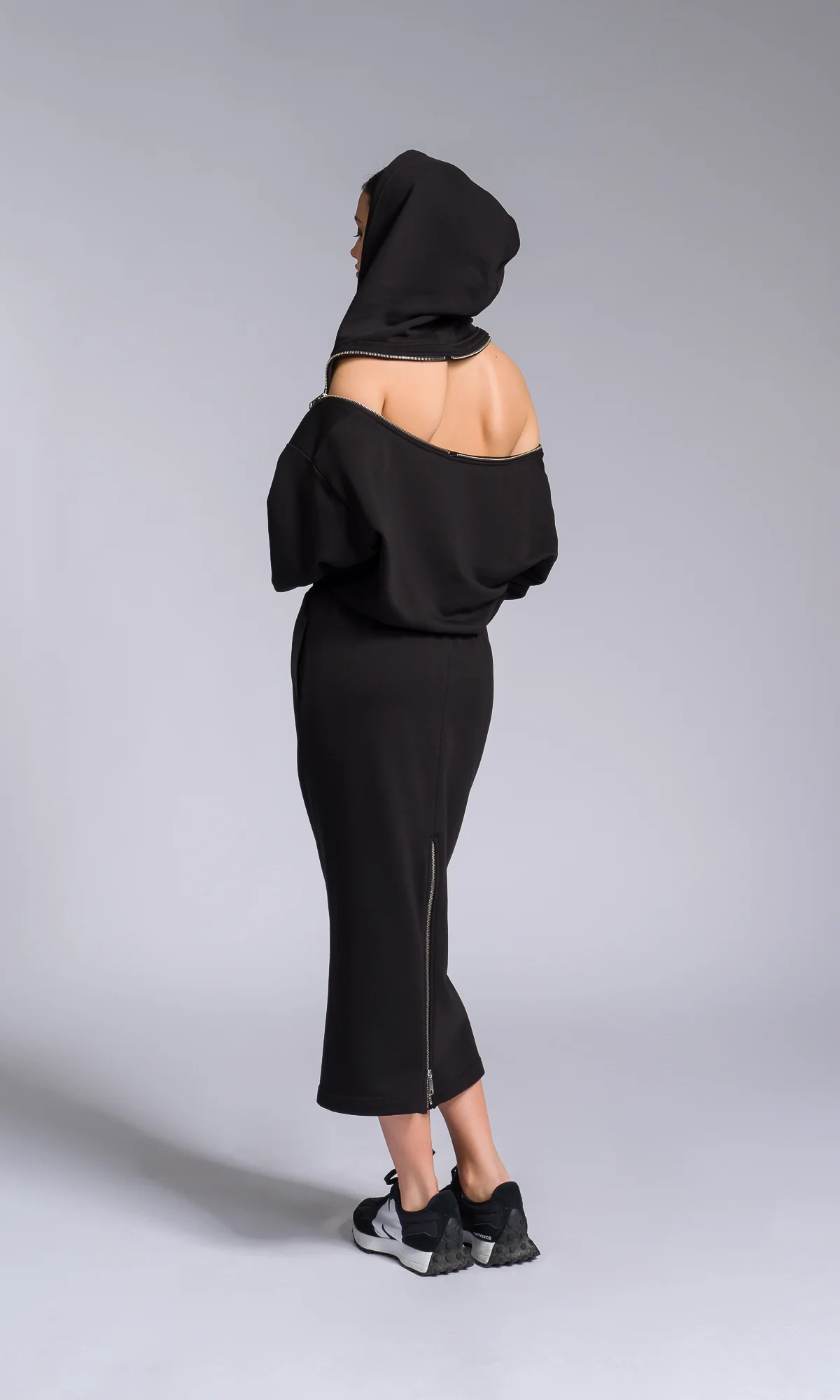 Hooded Cotton Dress with Zippered Shoulders - Image 9