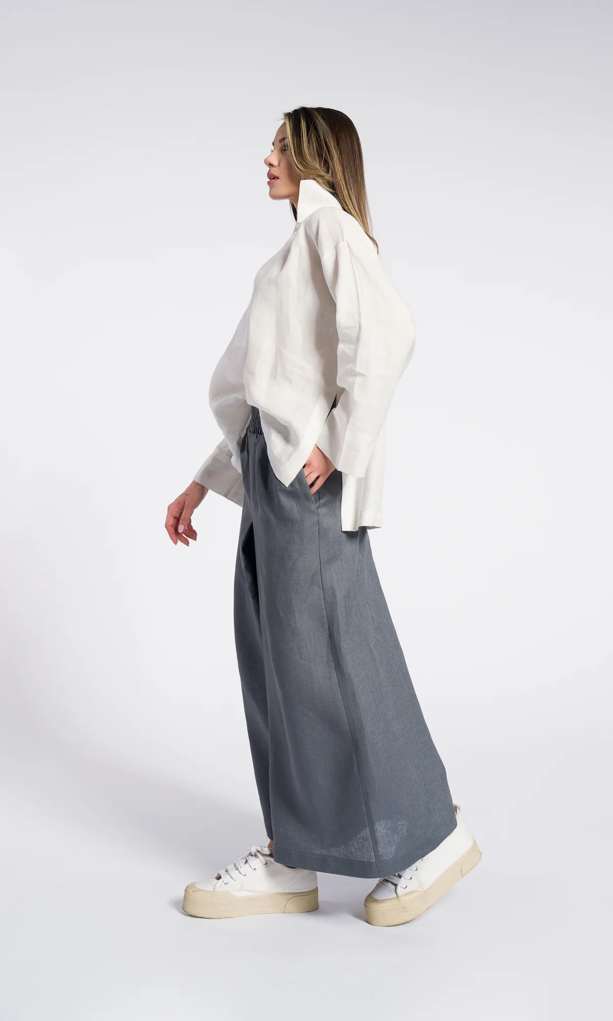 Inverted Pleat Linen Skirt Pants Relaxed Fit Elastic Waistline Side Pockets - Image 2
