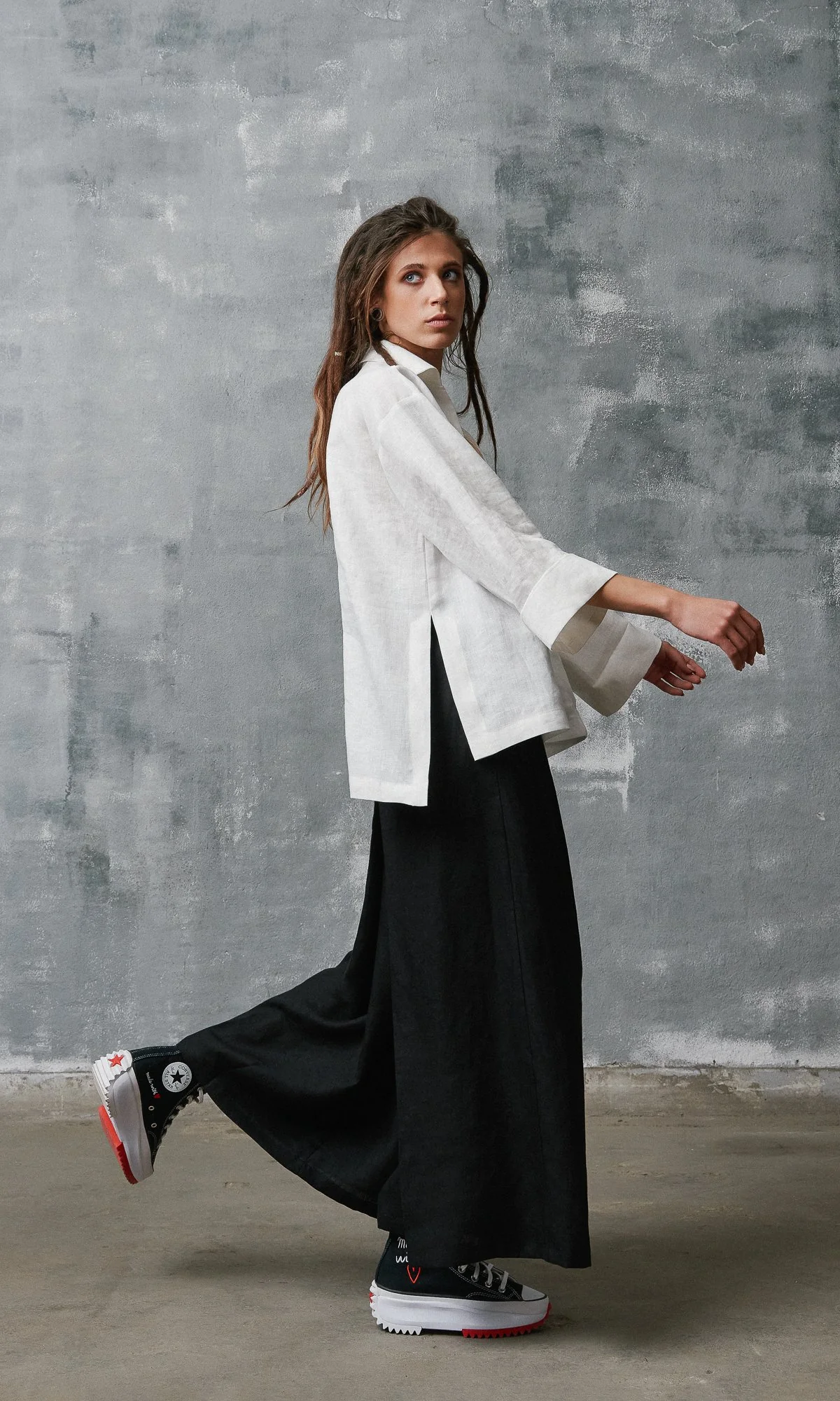 Inverted Pleat Linen Skirt Pants Relaxed Fit Elastic Waistline Side Pockets - Image 8