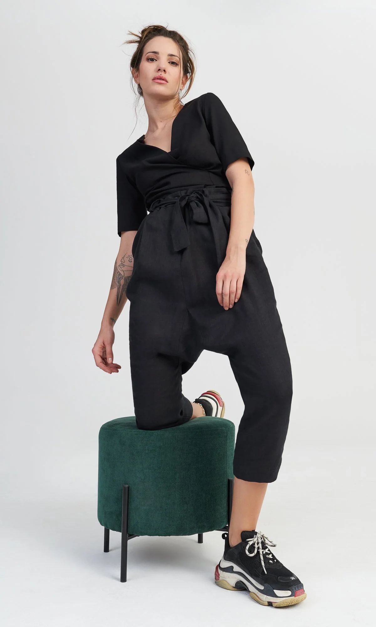 Linen Drop Crotch Pants with Belt - Image 5