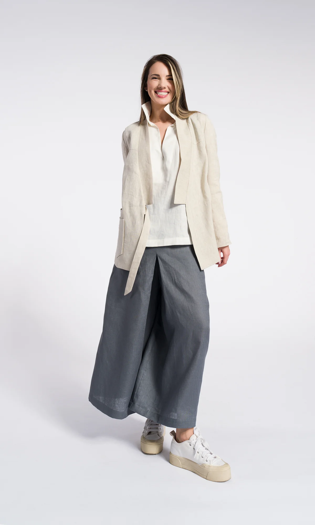Linen Summer Kimono Blazer with pockets and stripes - Image 4