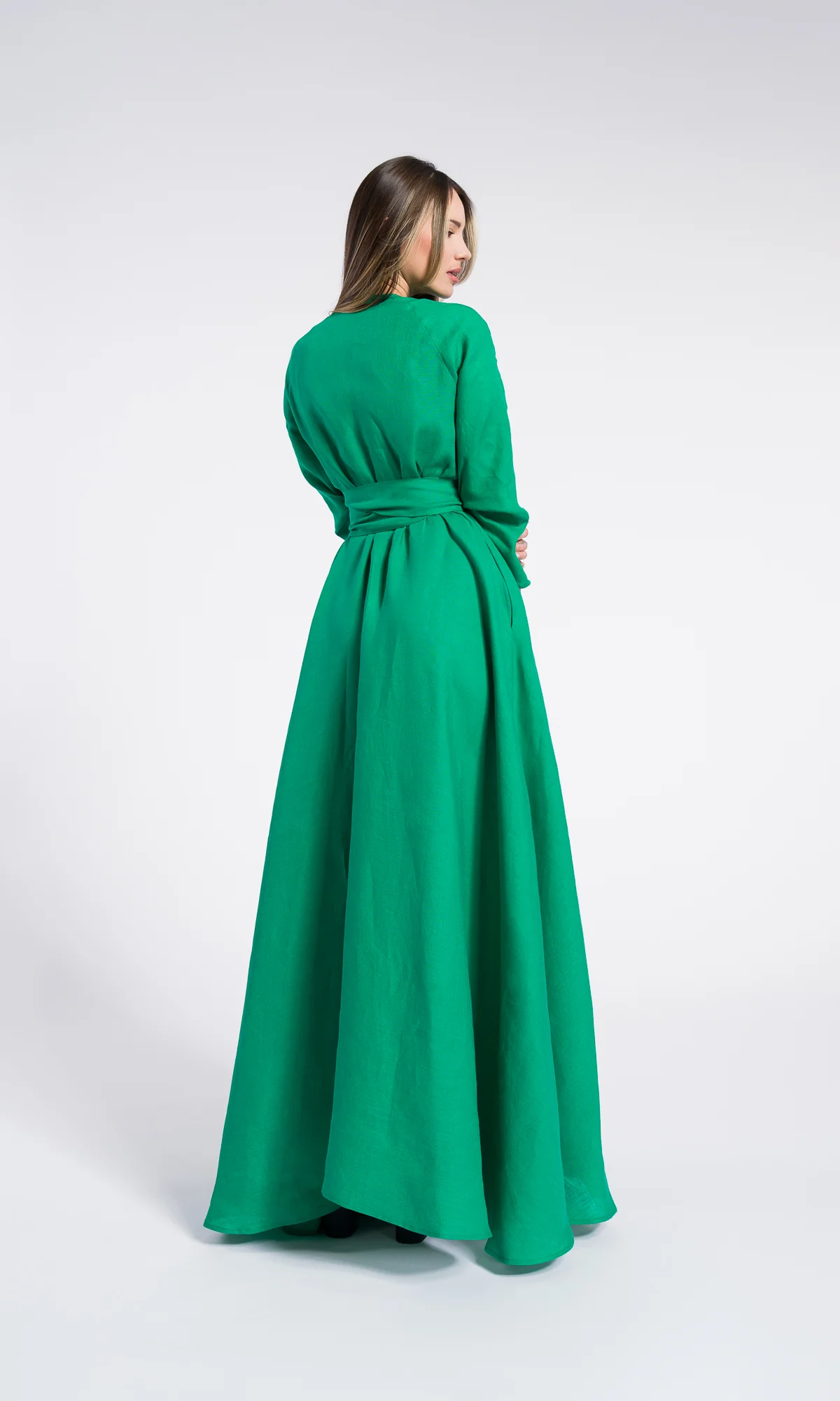 Maxi linen wrapped dress with belt and pockets , Summer long sleeves Dress, Party dress , Bohemian Flowing Dress - Image 3