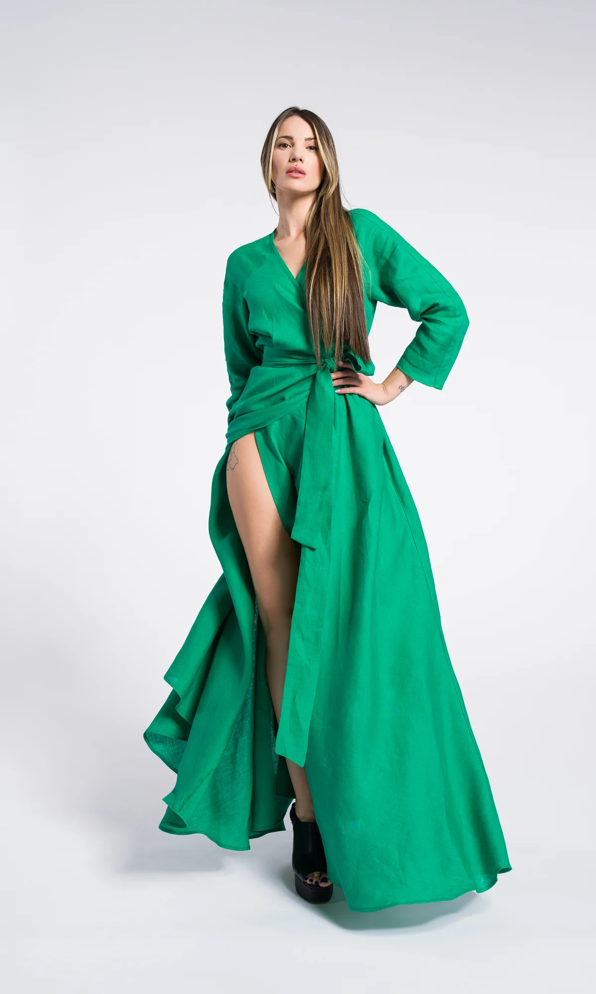 Maxi linen wrapped dress with belt and pockets , Summer long sleeves Dress, Party dress , Bohemian Flowing Dress - Image 5