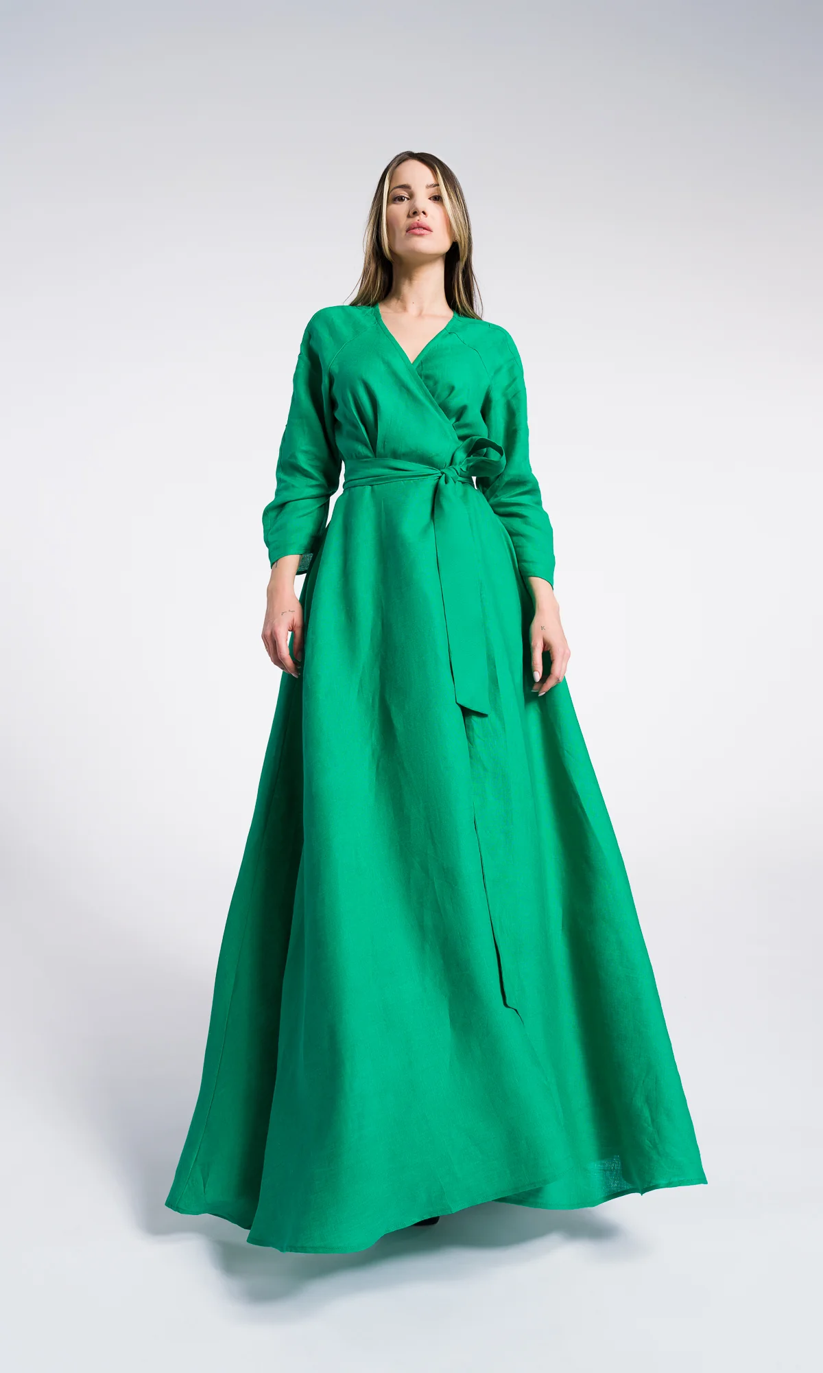 Maxi linen wrapped dress with belt and pockets , Summer long sleeves Dress, Party dress , Bohemian Flowing Dress - Image 6