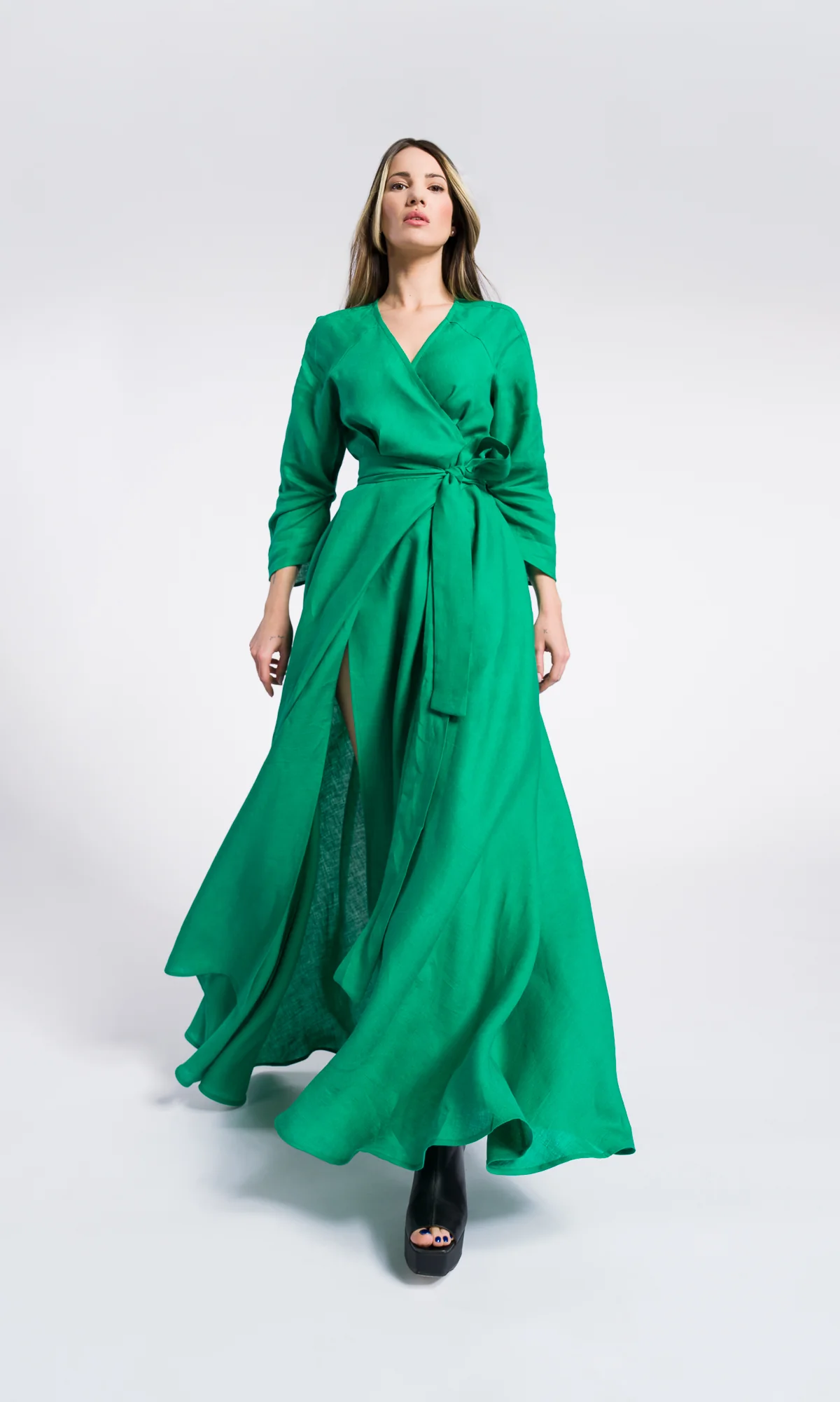 Maxi linen wrapped dress with belt and pockets , Summer long sleeves Dress, Party dress , Bohemian Flowing Dress - Image 7