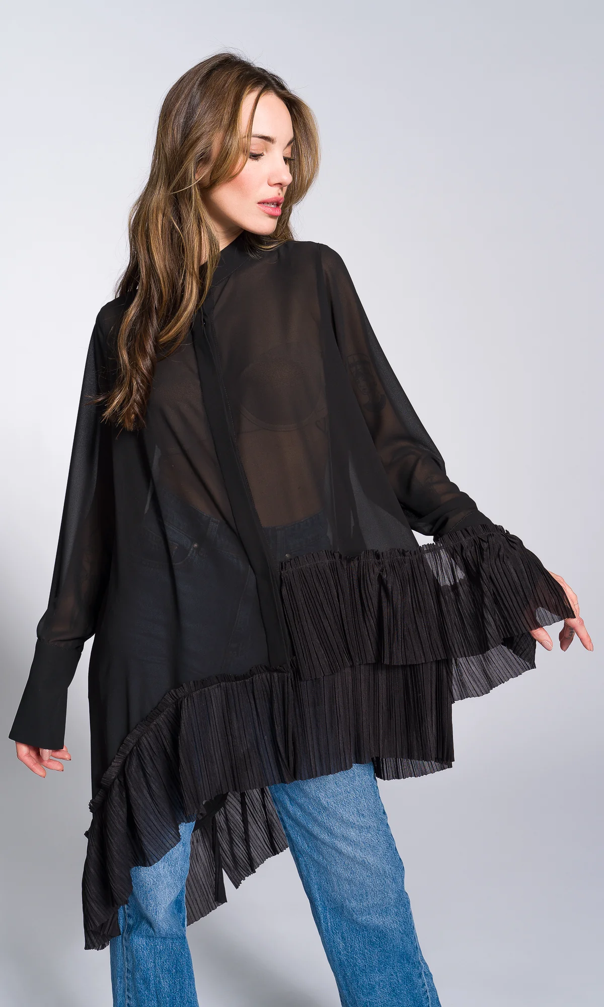 Pleated Hem Asymmetric Chiffon Shirt - Image 3
