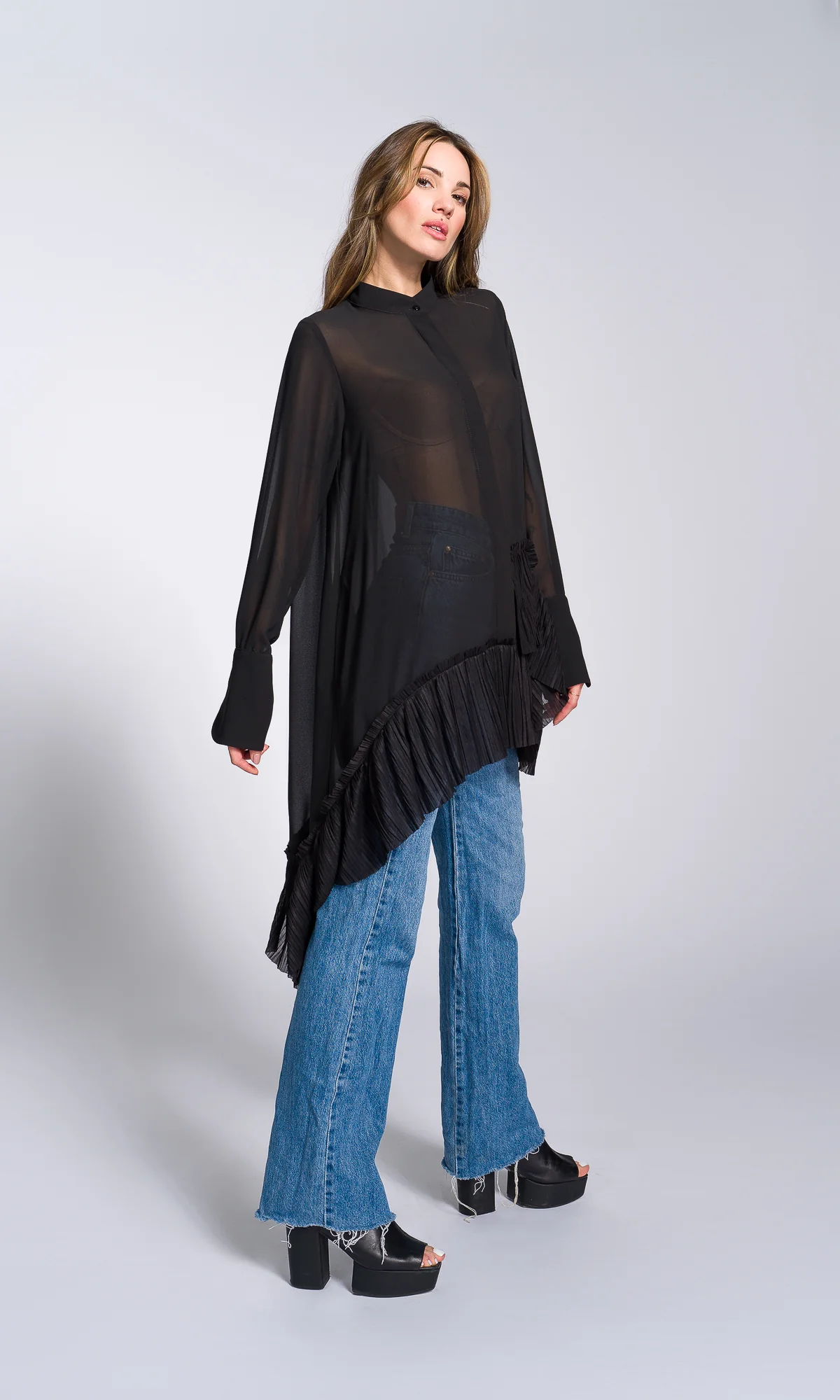 Pleated Hem Asymmetric Chiffon Shirt - Image 4
