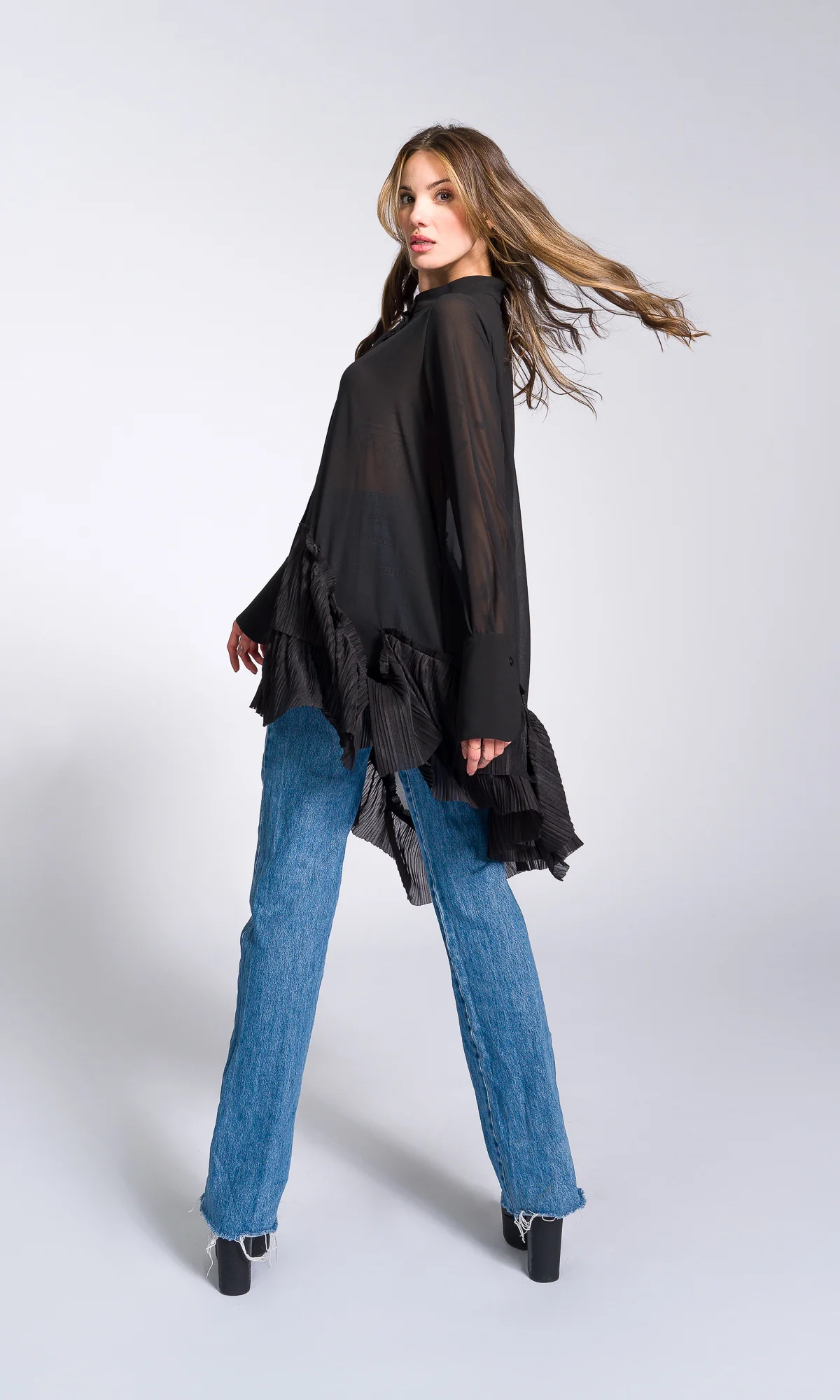 Pleated Hem Asymmetric Chiffon Shirt - Image 5