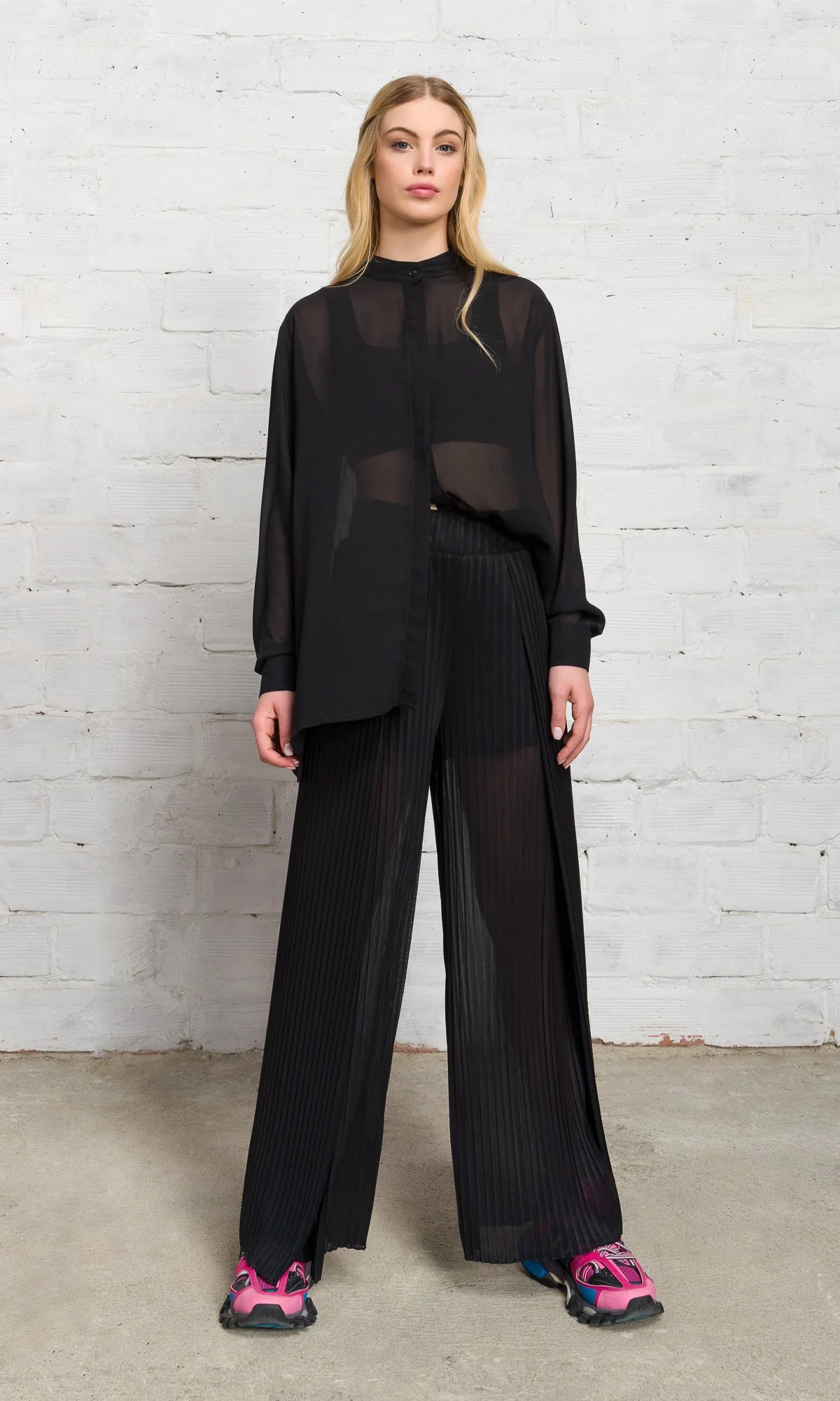 Sheer Pleated Wide Leg Pants - Image 4