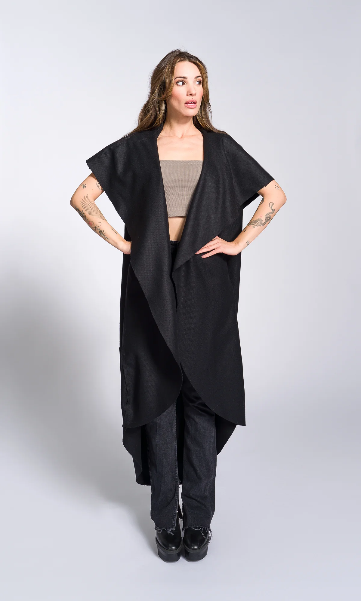 Sleeveless Cape Coat with Large Hood - Image 4