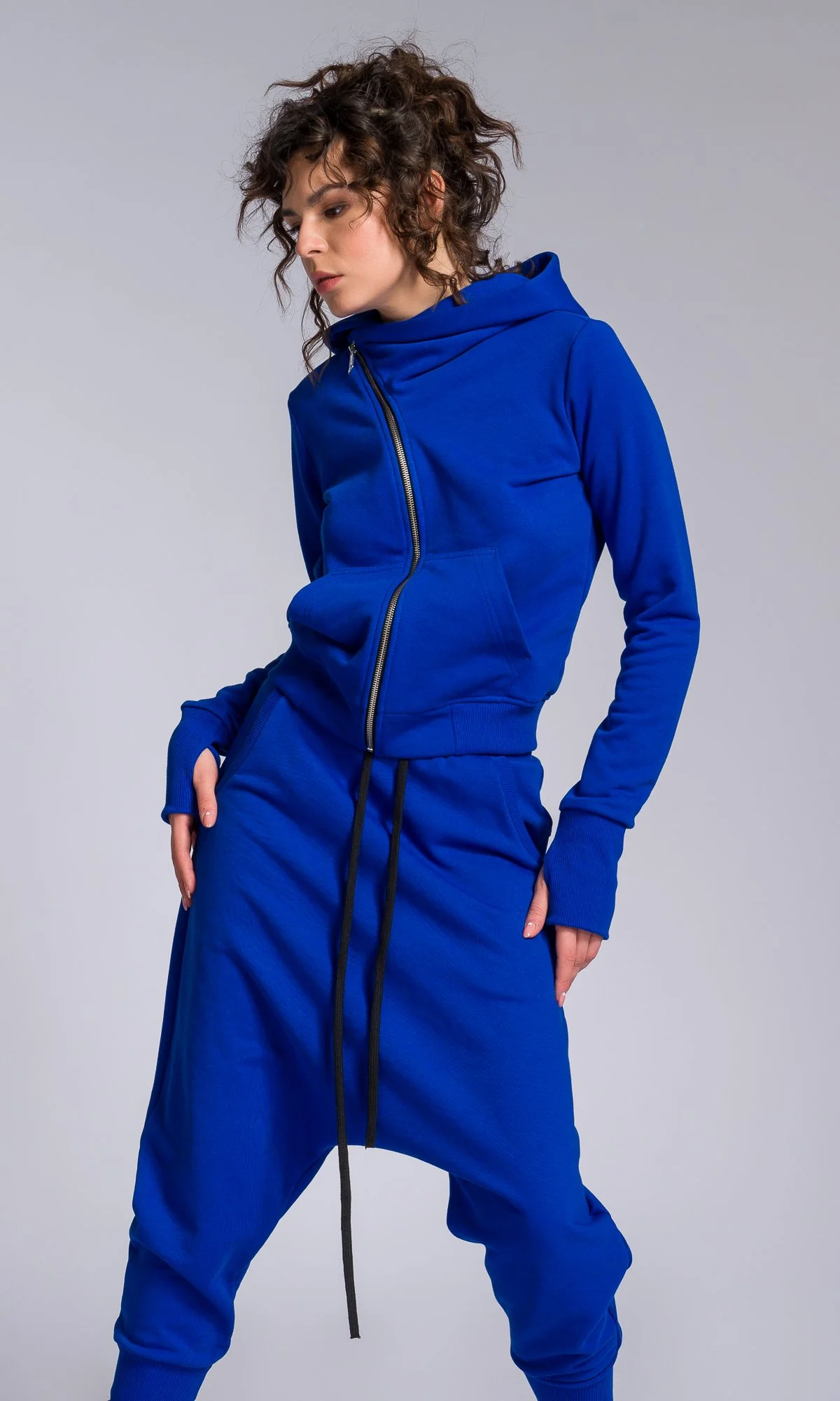 Two-piece Set of Deep Drop Crotch Pants and Asymmetric Short Hoodie - Image 3