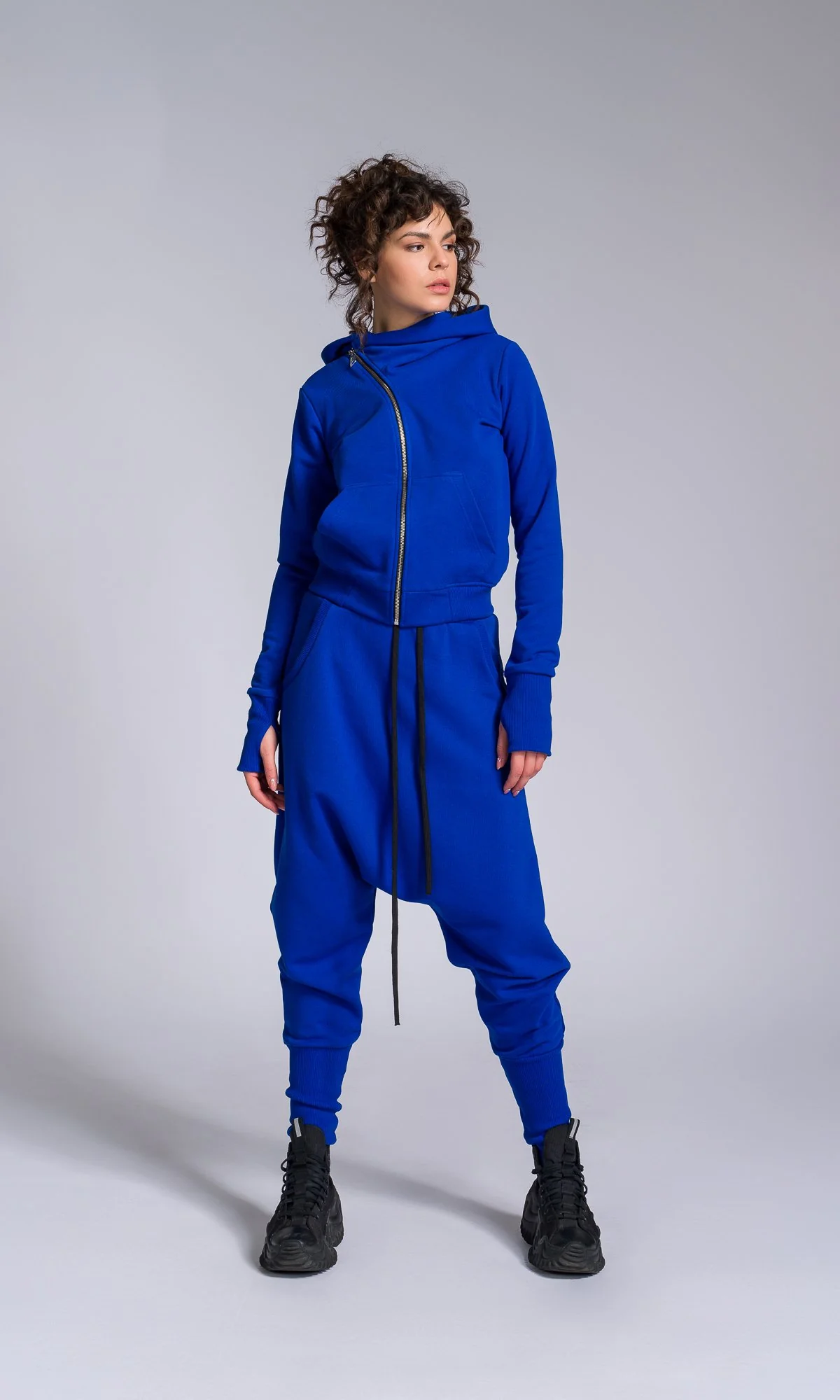 Two-piece Set of Deep Drop Crotch Pants and Asymmetric Short Hoodie - Image 4