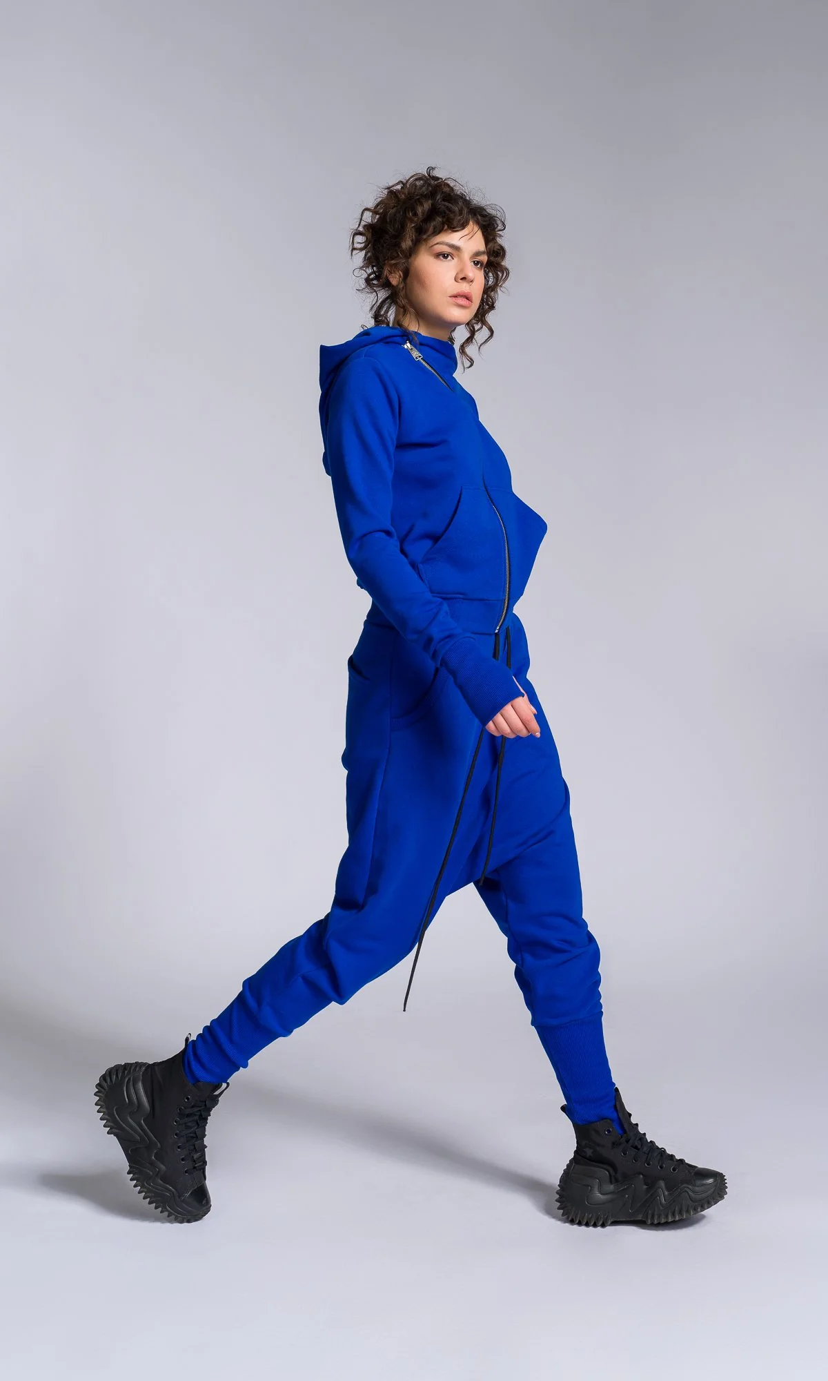 Two-piece Set of Deep Drop Crotch Pants and Asymmetric Short Hoodie - Image 7