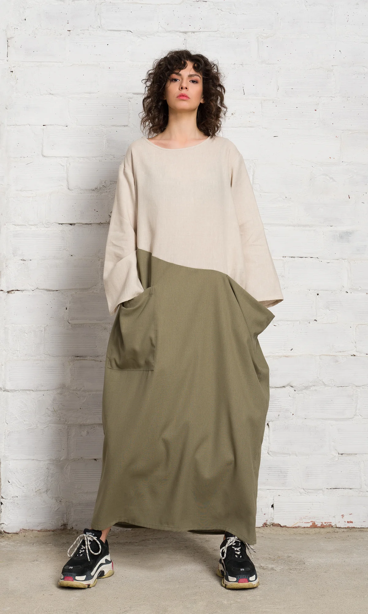 Two-Tone Linen Baggy Dress - Image 6