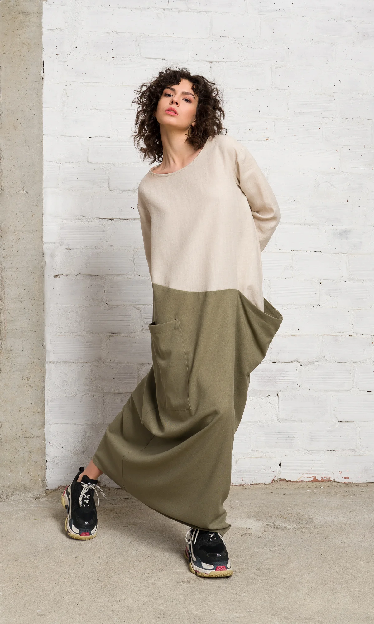 Two-Tone Linen Baggy Dress - Image 7
